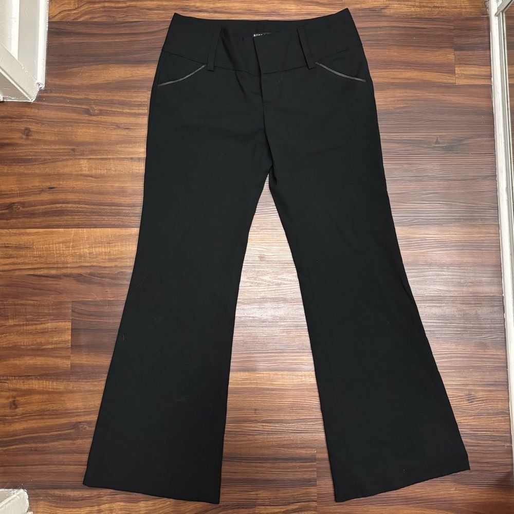 Alice + Olivia Sz 6 Black Wool Leather Trim Wide Leg Dress Pants Trousers